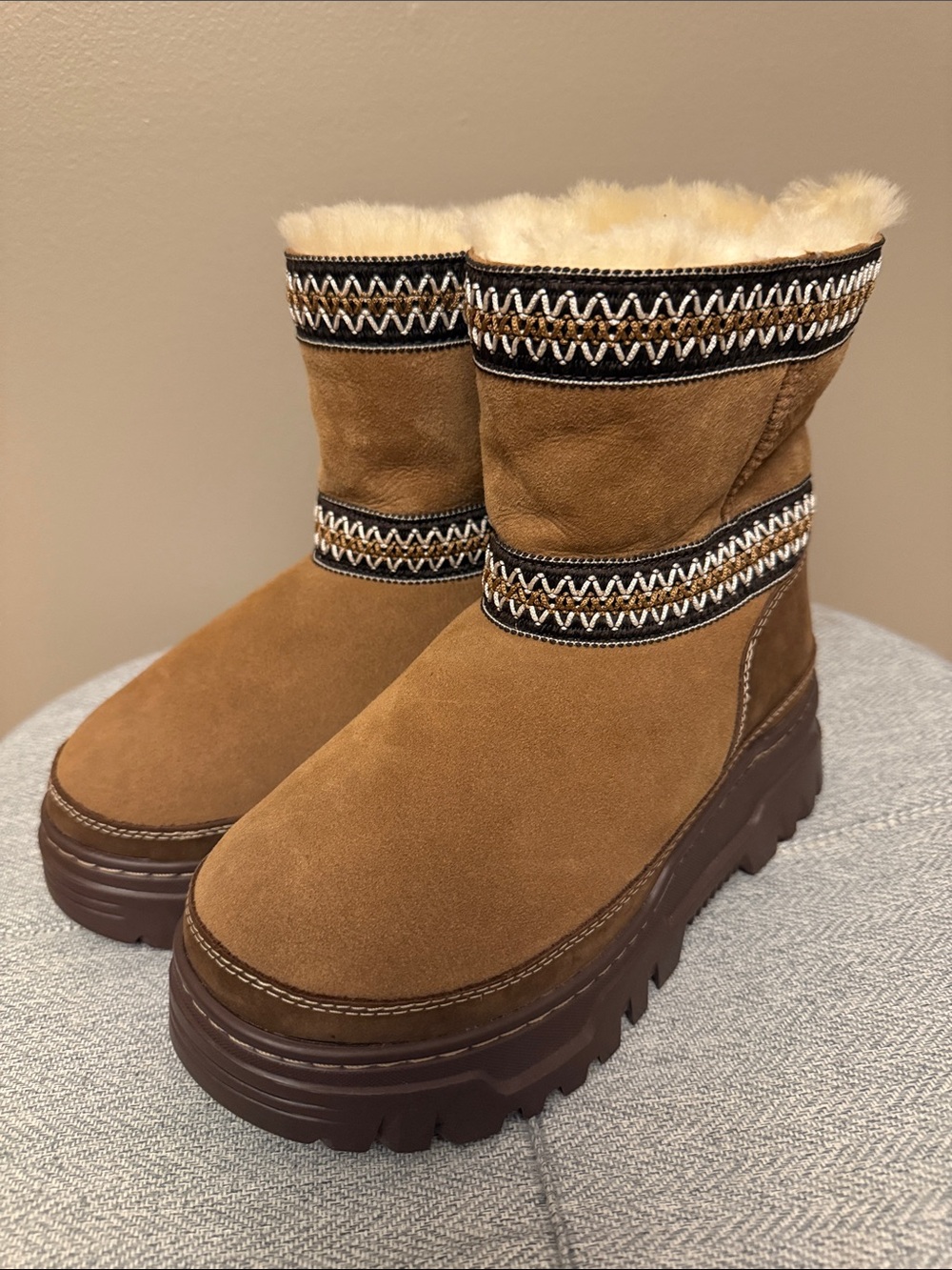 UGG Chestnut Suede Shearling-Trimmed Platform Winter Boots